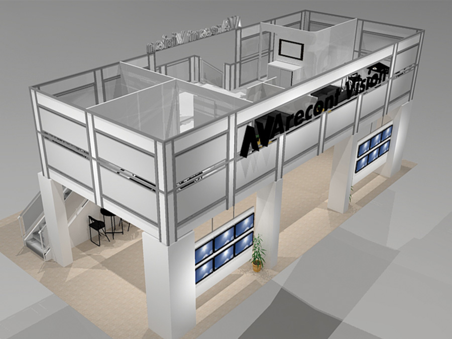 This double deck trade show exhibit VL5030 includes private and semi-private rooms into a 50 x 30 space and maintain floor space for products. A raised upper deck offers the highest lower level ceiling available on the trade show floor, and upstairs, more rooms with an expansive lounge accessible by 2 grand staircases. View 3