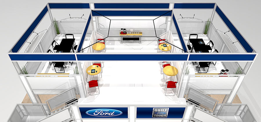 The ON5040 multi-level trade show booth rental features a large center providing customizable areas for meeting space, lounges, coffee service, and more. A massive open layout is ready for walls, kiosks, and product placement areas Storage closets, lighting and signage make a great impression. View 3