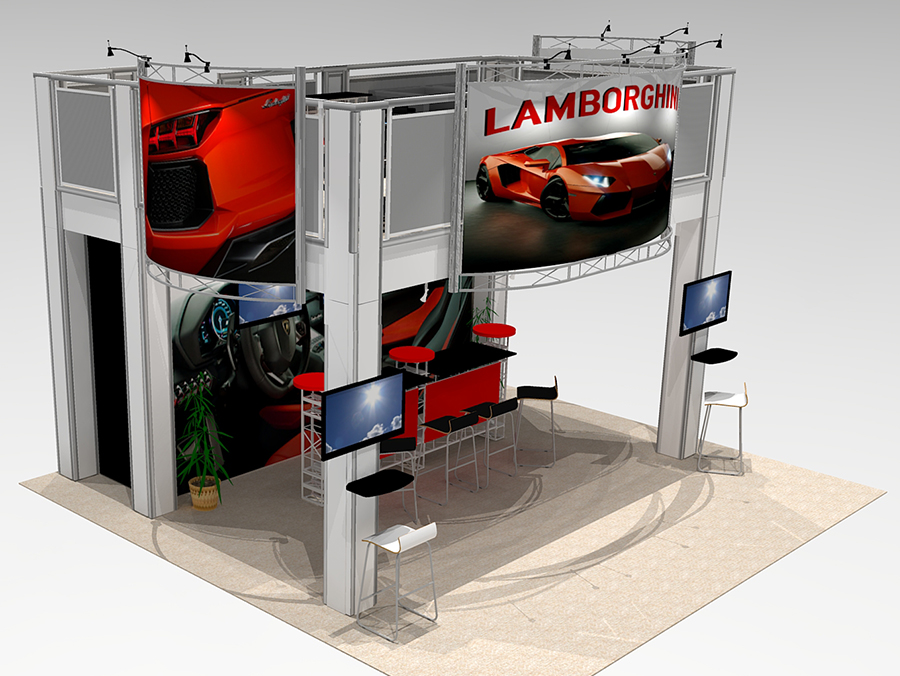 The ME2020 Trade Show Double Deck Exhibit is our most popular design due to its functionality and relatively low cost. A full two story exhibit with great meeting and hospitality spaces and extra-large graphics. View 2