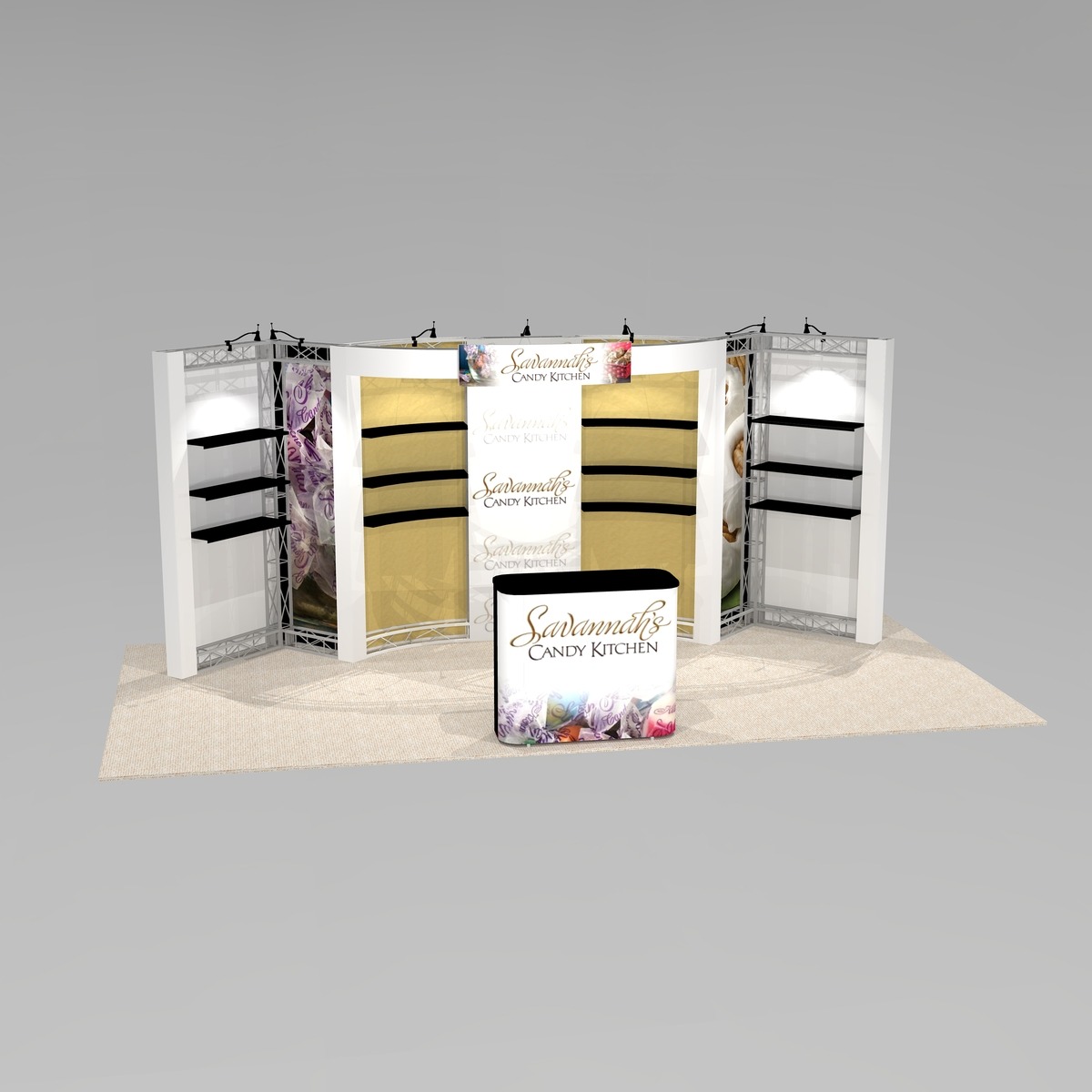 Trade show exhibit design BAY1020 has extensive shelving and great lighting - Graphic Package B