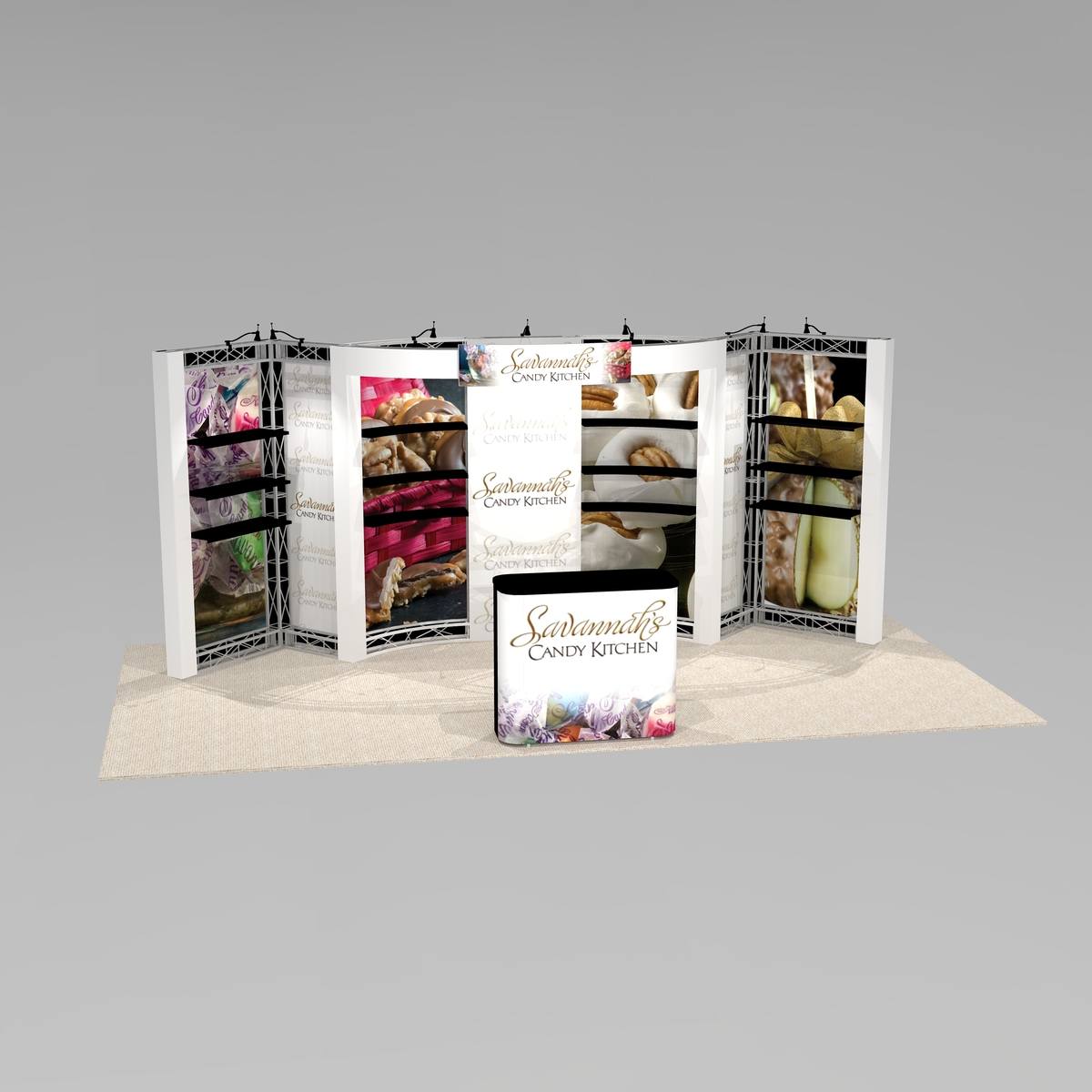 Trade show exhibit design BAY1020 has extensive shelving and great lighting - Graphic Package C