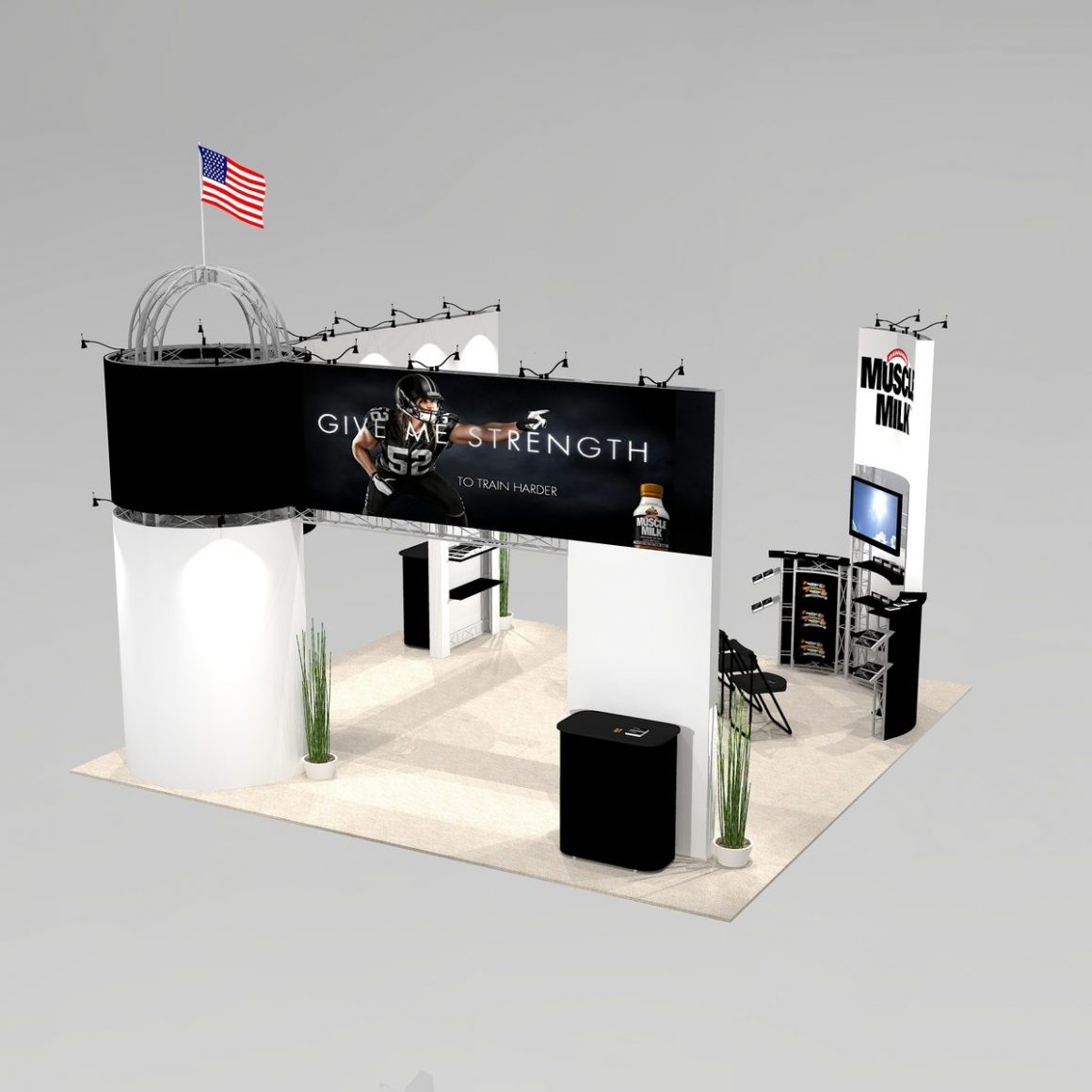 Trade show exhibit design featuring domed tower and ample seating with product display CHI2020 Graphic Package A
