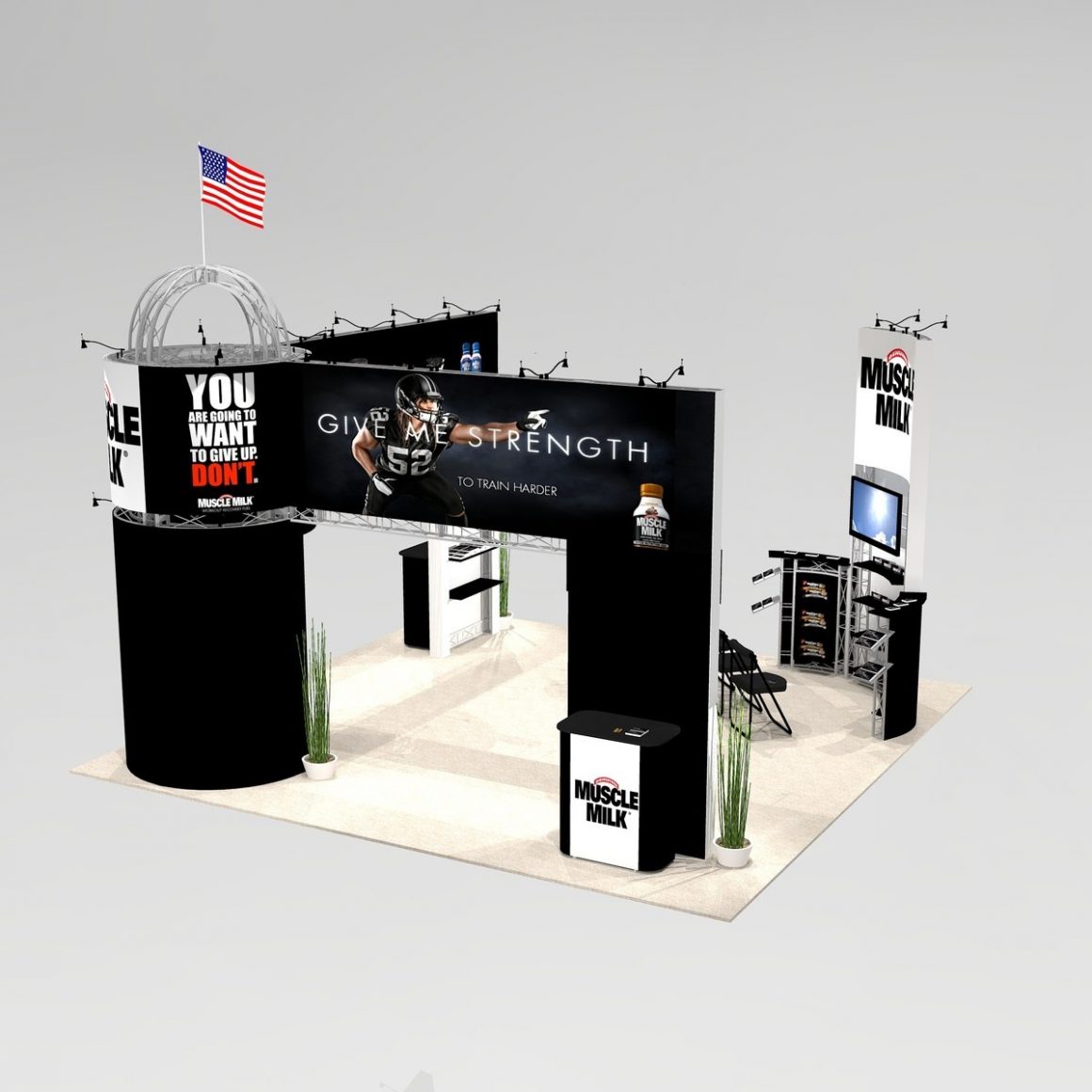 Trade show exhibit design featuring domed tower and ample seating with product display CHI2020 Graphic Package B