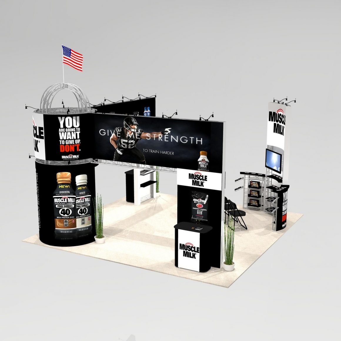 Trade show exhibit design featuring domed tower and ample seating with product display CHI2020 Graphic Package C