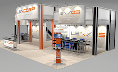 Multi-level tradeshow booth rental features an extended height for 3 distinct areas for meeting space, lounges, coffee service, and more. A massive open layout ready for walls, kiosks, and product placement areas designed to your specific needs. Three huge billboard signs in front welcome attendees to your booth. View 2