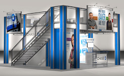 The TR3030 Double Decker trade show exhibit has an expansive 27 x 17 deck with 2 straight staircases on opposing sides to access the second story. Plenty of storage space located below the stairs and landings and a spacious upstairs Meeting or hospitality space. 