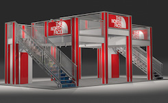 The TC4020 Triple Deck rental trade show exhibit features three impressive 9 x 17 upper decks at two heights. The middle deck creates 3 distinct areas for meeting rooms, lounges, coffee service, etc. This open layout is ready for walls, kiosks, storage and product placement. View 3