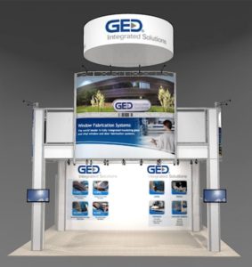 front view of trade show double decker booth
