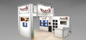 Trade show Double deck exhibit with flat screen wall