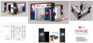 Trade show exhibit design for 20 x 20 booth space features 2 arches with demo stations 4 more demo stations and spacious meeting room