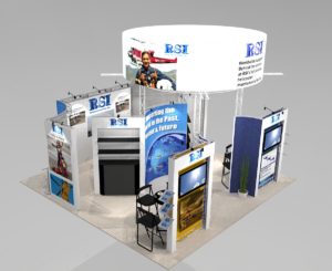 20x20 trade show island custom looking exhibit with storage and large format graphics