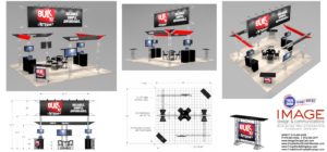 Trade show exhibit design overview with tall billboard graphics and workstations