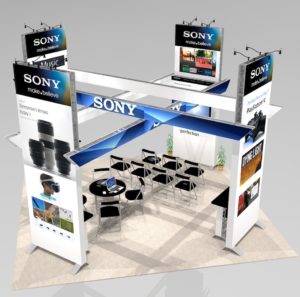 Island trade show exhibit design with tall towers and large trade show graphics