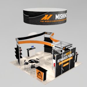Trade show slatwall design with 3 receiption counters and locking storage closet
