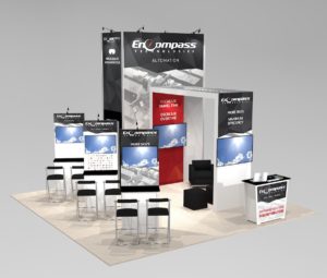 New trade show arch island exhibit design with flat screen workstationsus