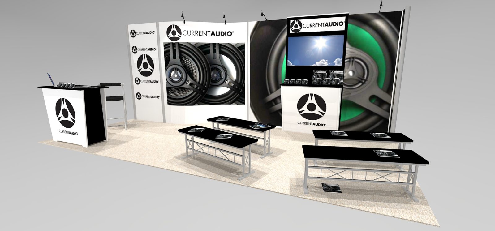 New 20 trade show design with large flat screen and storage