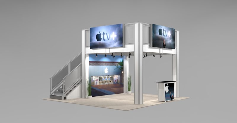 AE2020V2A-DD_Trade Show Double Deck for 20x20 Space with Open Floor Plan and Backlit Logo Signs