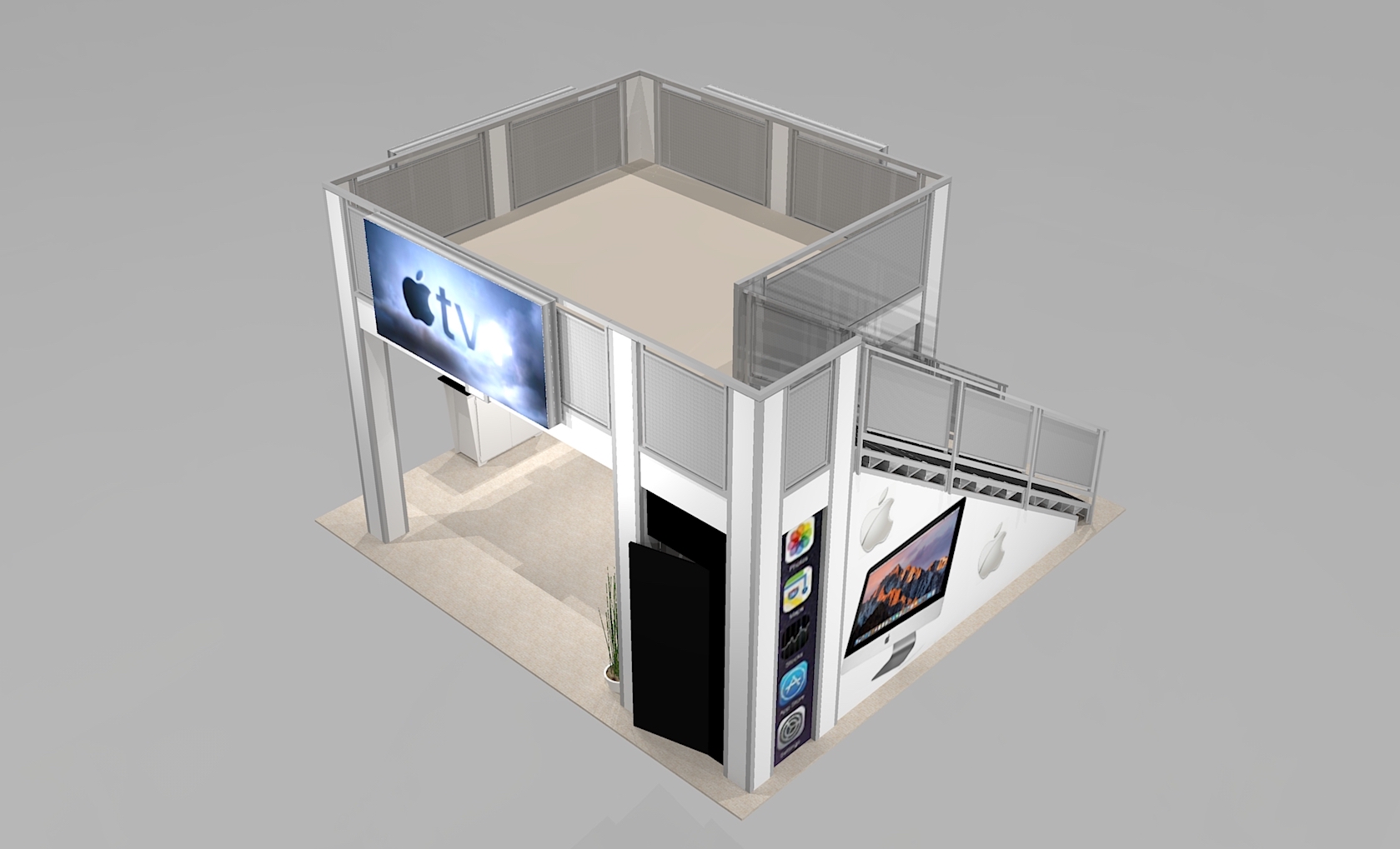Trade Show Double Deck for 20x20 Space with Open Floor Plan and Backlit Logo Signs