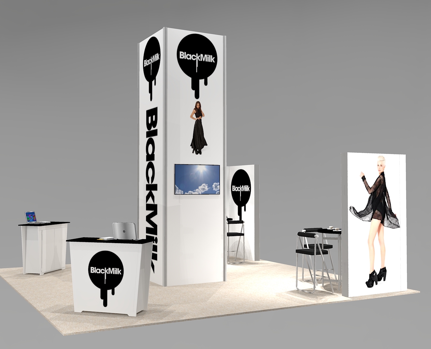 20x20 island booth space exhibit with meeting spaces