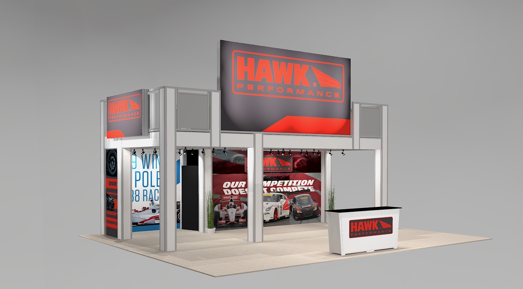 Trade Show Double Deck Exhibit Rental for 30 ft. Booth Space With Large Logo Sign