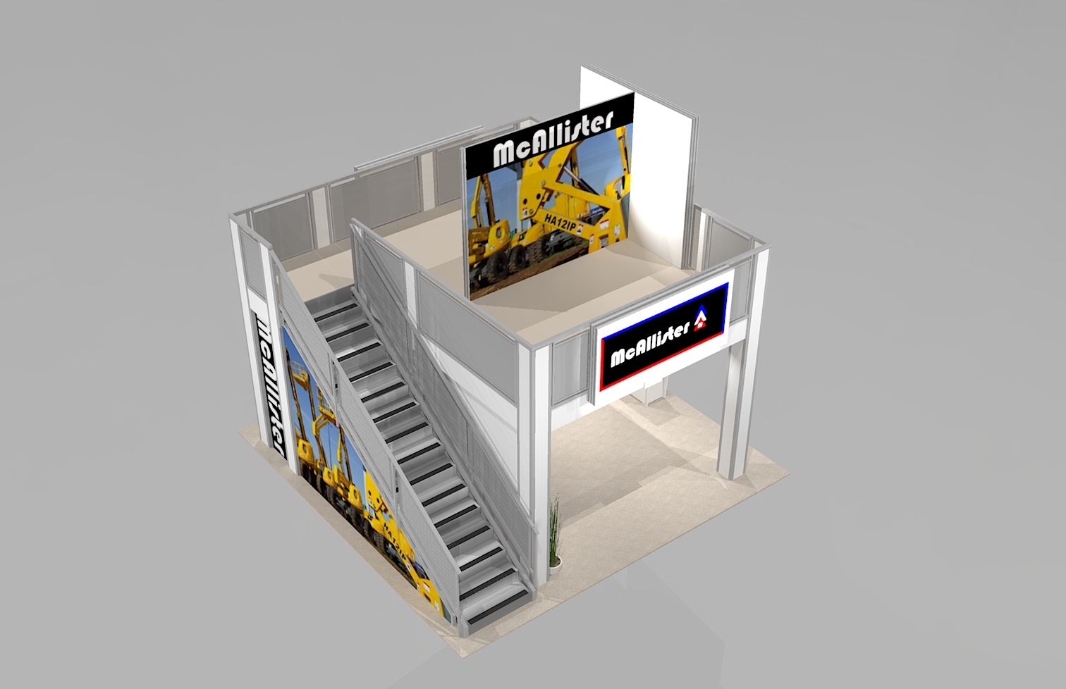 Two Story Rental Exhibit for 20 ft Trade Show Booth Space with Two Meeting Rooms and Backlit Logo Graphic