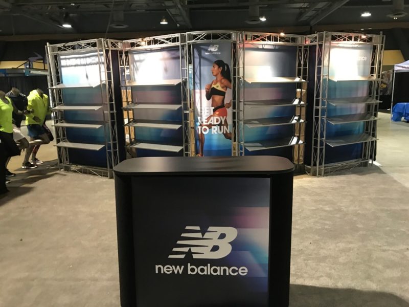 Product display shelving on a 20 ft trade show display
