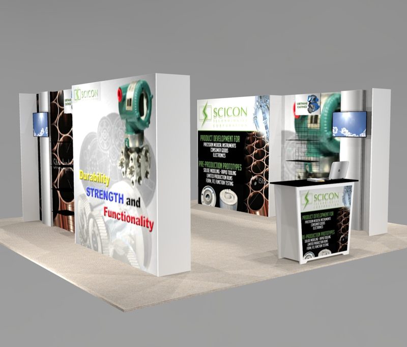 SI2020A-BL Unique Trade Show Booth design with two 20 ft. inline dispays